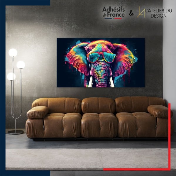 Tableau aluminium sur mur décor Pop Art - Elephant à lunette